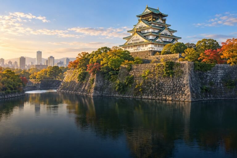 Osaka Castle’s white main tower and green roofs above a stone-lined moat and autumn parkland.