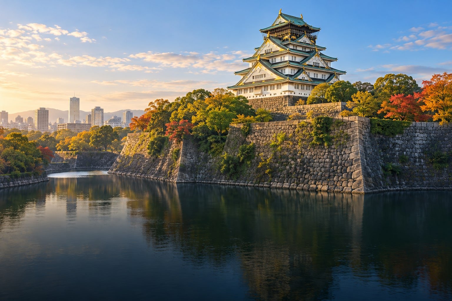 Osaka Castle’s white main tower and green roofs above a stone-lined moat and autumn parkland.