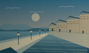 Original stylised illustration of a canal with stone warehouses and lamps inspired by Otaru.