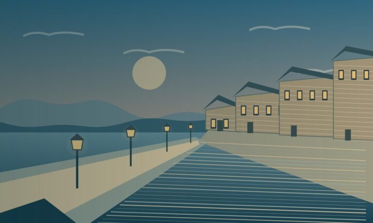 Original stylised illustration of a canal with stone warehouses and lamps inspired by Otaru.