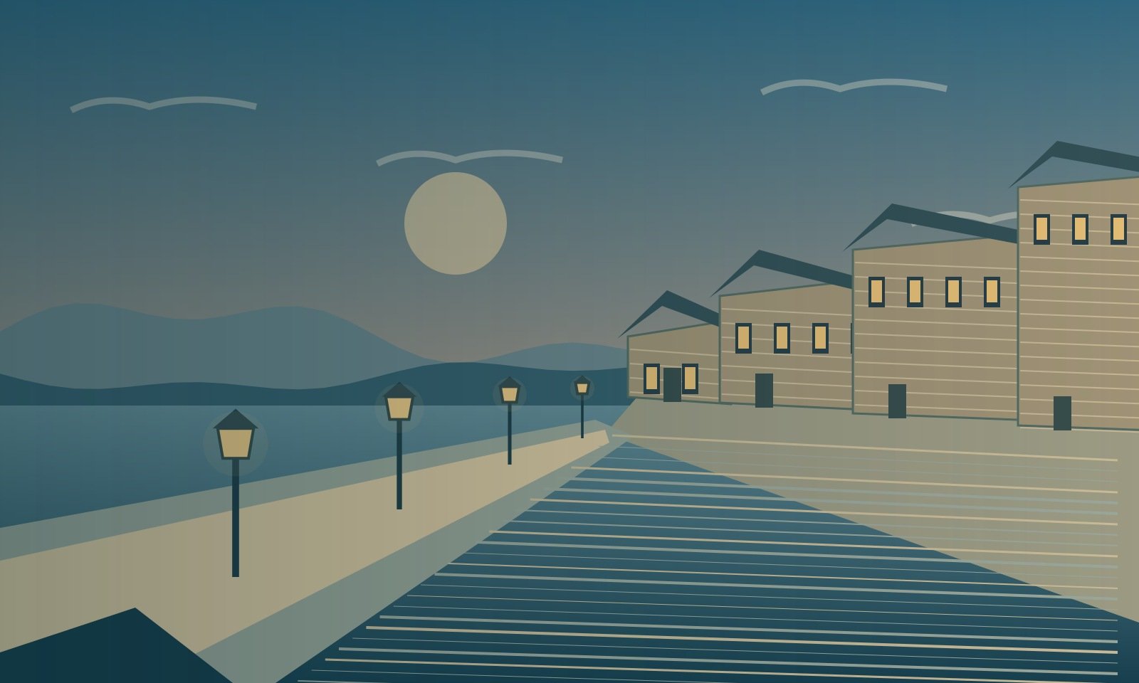Original stylised illustration of a canal with stone warehouses and lamps inspired by Otaru.