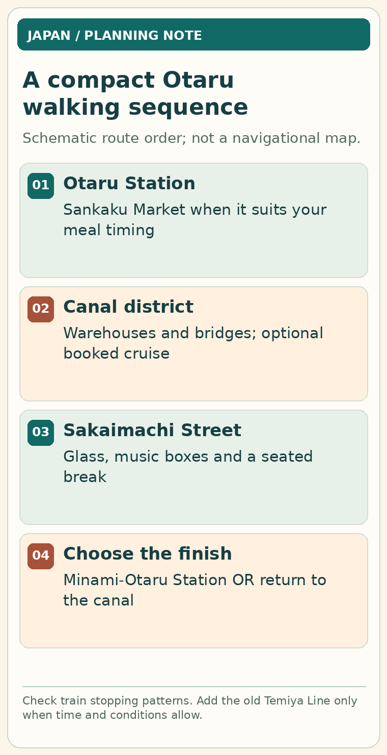 Schematic walking order from Otaru Station through the canal and Sakaimachi, with two possible finishes.