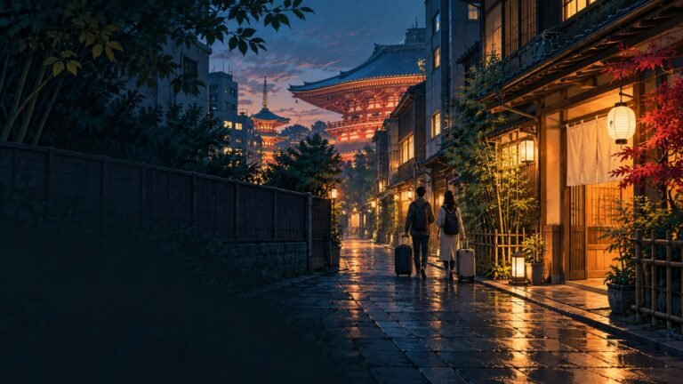 Editorial illustration of an Asakusa side street at blue hour, with a warmly lit inn entrance and a temple roof in the distance.