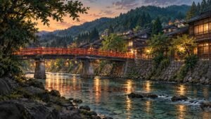 Original editorial illustration of a riverside old-town scene with timber buildings, a red bridge and wooded hills inspired by Takayama.