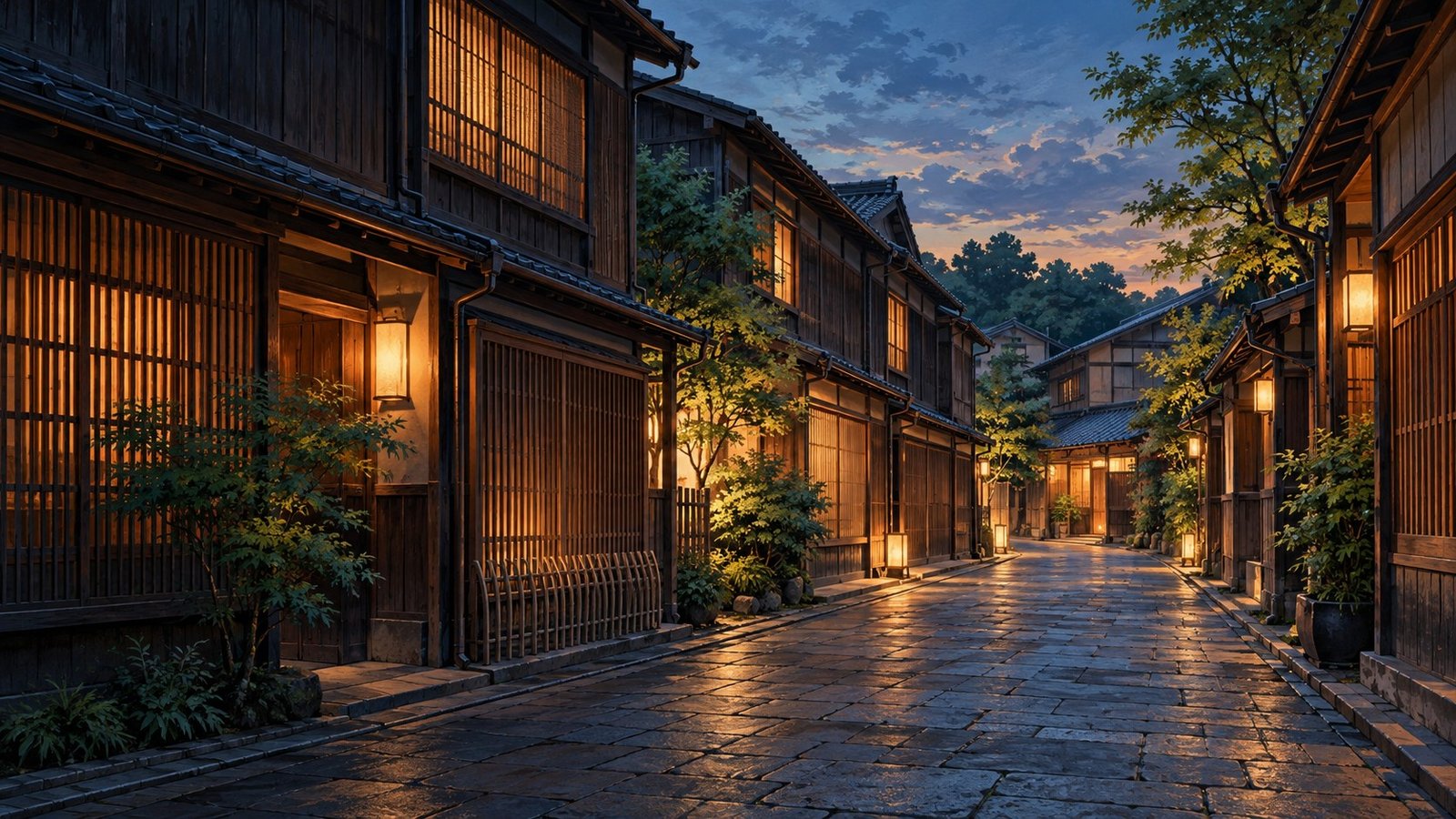 Original illustrated Kanazawa streetscape with traditional timber façades, warm evening light and a traveller approaching a discreet accommodation entrance.