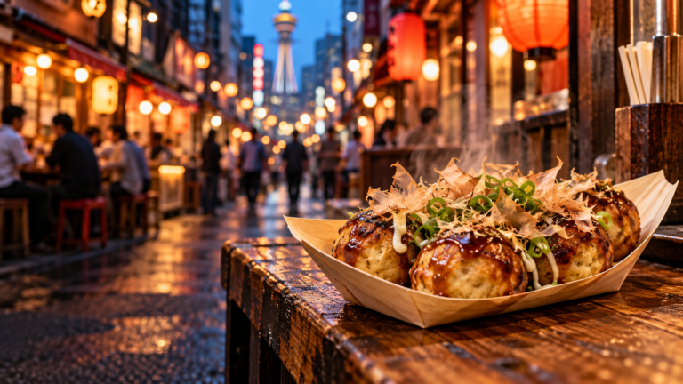 Illustration of takoyaki beside an Osaka-inspired food street with lanterns and a distant tower.