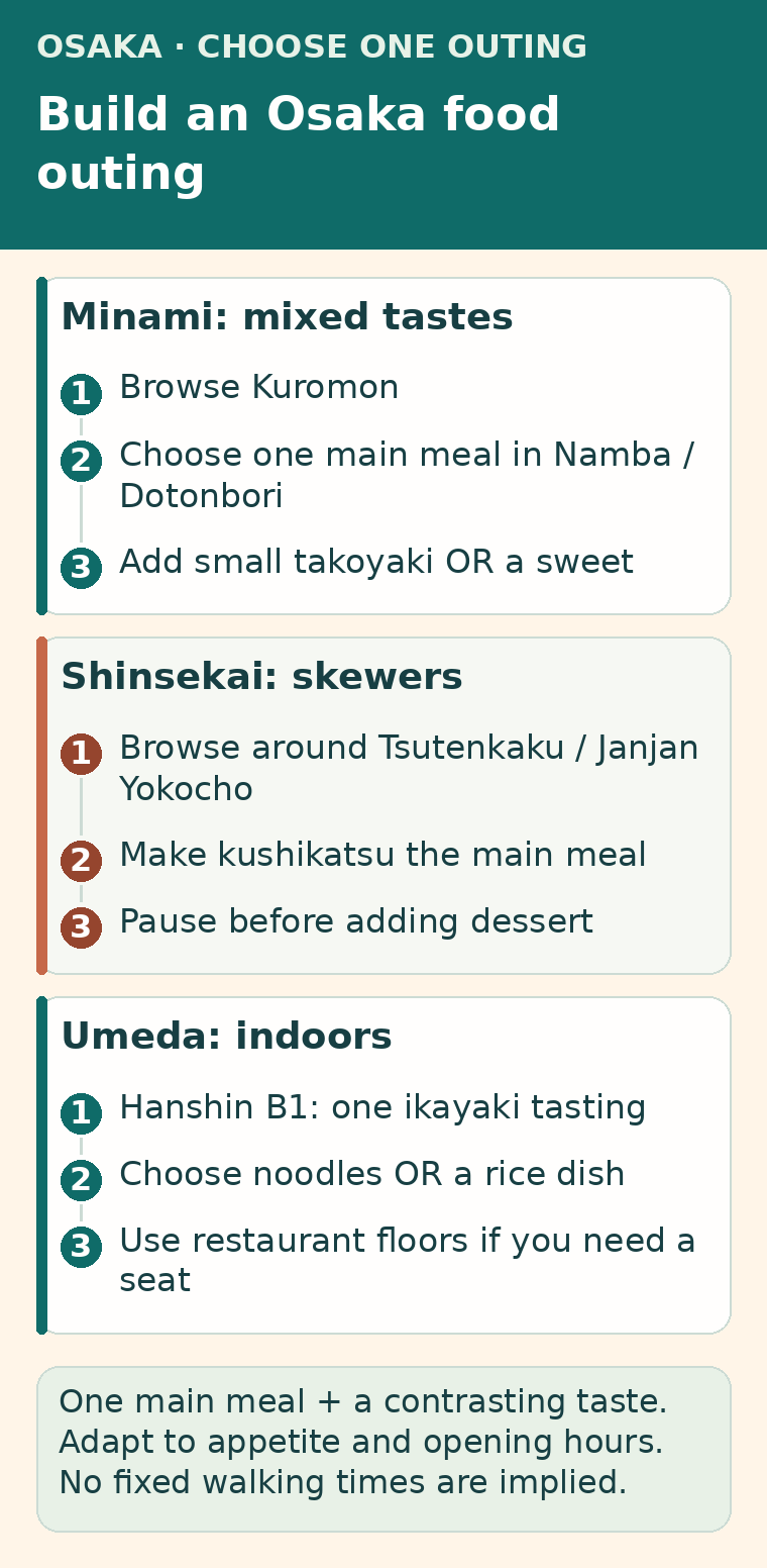 Three alternative Osaka food outings: mixed dishes in Minami, a kushikatsu meal in Shinsekai, or an indoor Hanshin Umeda visit.