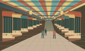 Original geometric illustration of a covered Kyoto-style food market with shop counters and stationary visitors