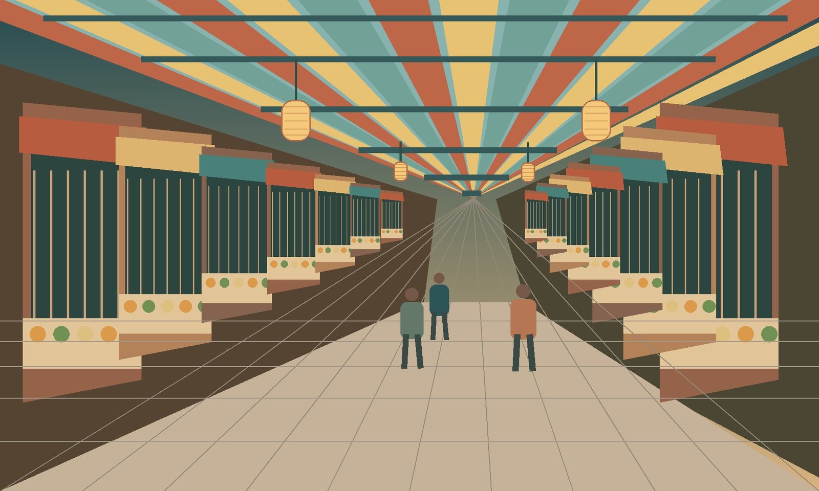 Original geometric illustration of a covered Kyoto-style food market with shop counters and stationary visitors