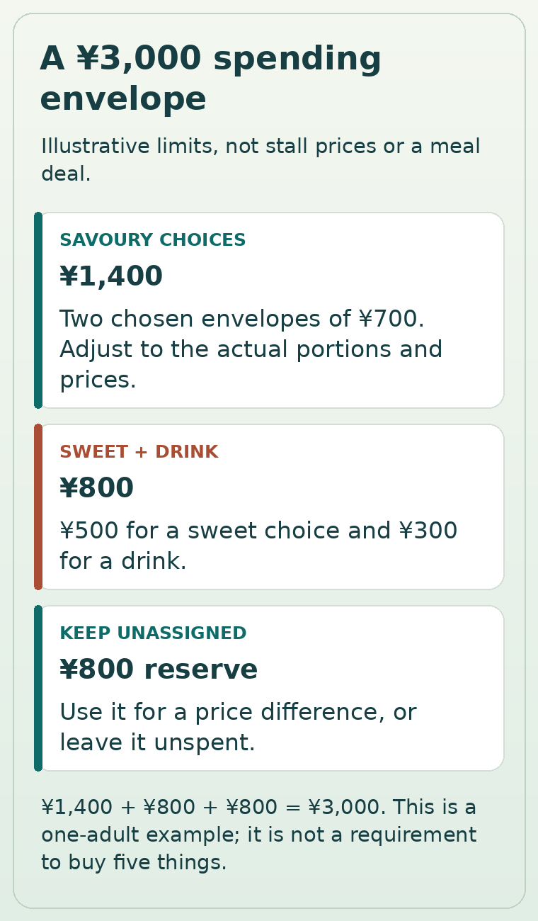 A 3000-yen example divided into 1400 for savoury choices, 800 for sweet and drink, and an 800-yen reserve