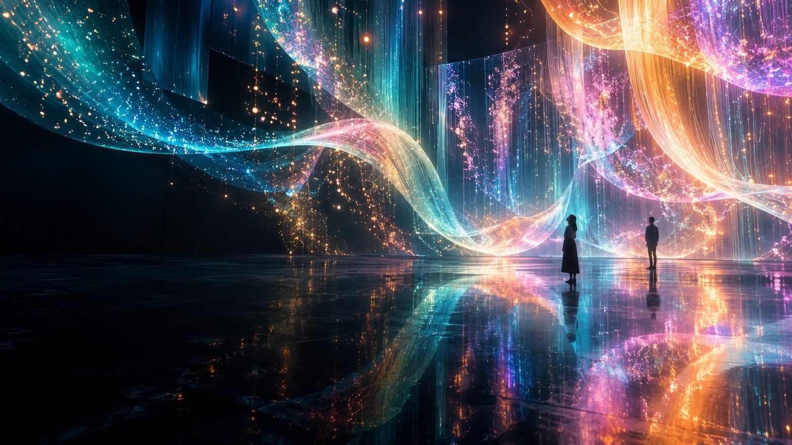An illustrated immersive gallery with coloured light, reflective surfaces and silhouetted visitors.