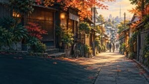 An illustrated Tokyo neighbourhood lane with small shops, a cyclist and warm afternoon light.