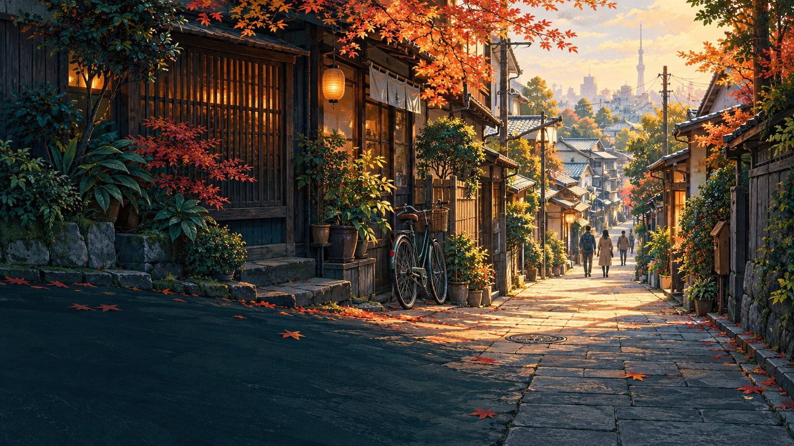 An illustrated Tokyo neighbourhood lane with small shops, a cyclist and warm afternoon light.