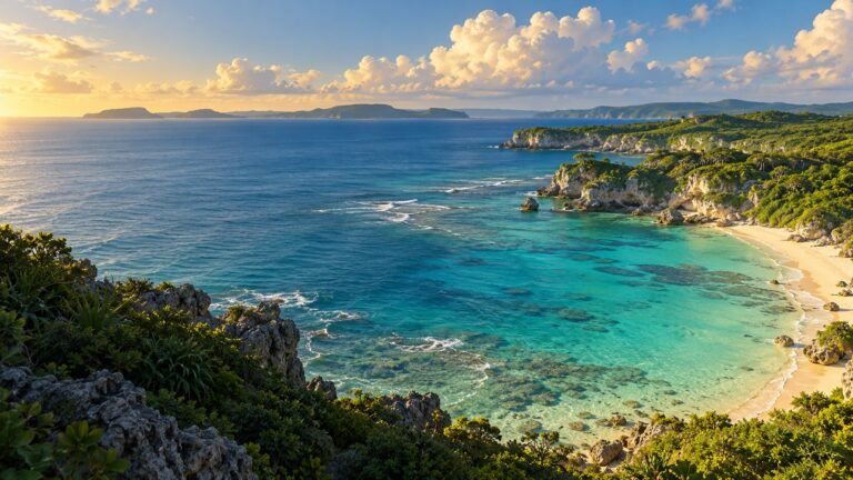AI-created editorial illustration of a coral-limestone headland, a sandy cove and turquoise water on Okinawa Main Island.