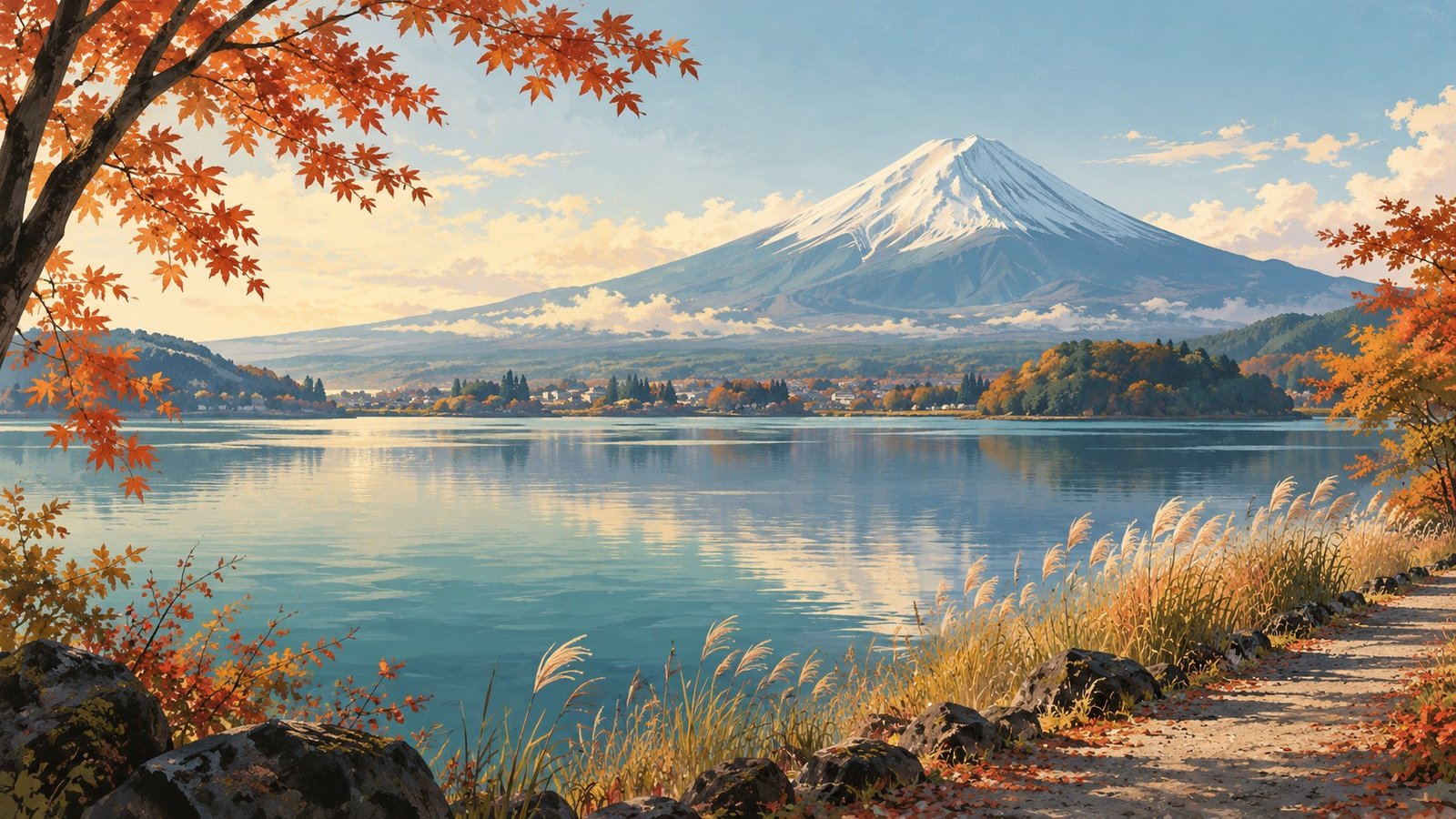 Editorial illustration of Lake Kawaguchi and Mount Fuji, introducing a guide to hotel areas and room views.