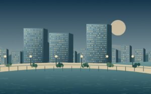 Original illustration of hotels and a waterside promenade in Osaka Bay.