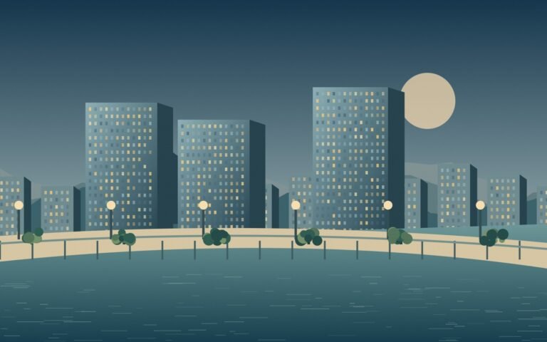 Original illustration of hotels and a waterside promenade in Osaka Bay.
