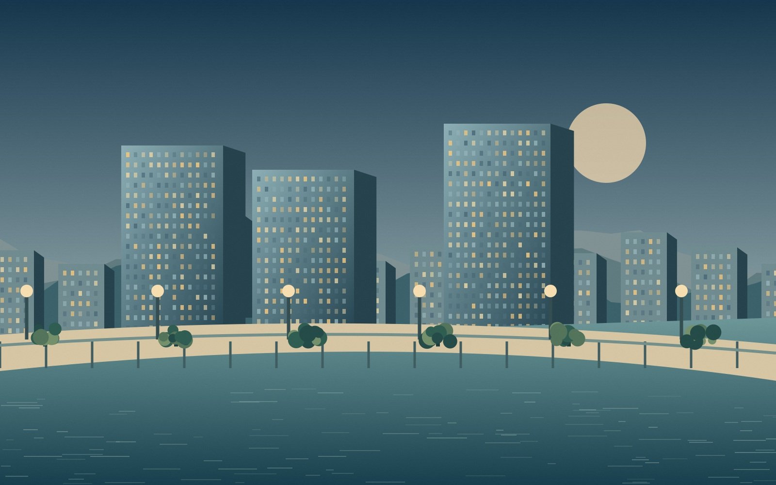 Original illustration of hotels and a waterside promenade in Osaka Bay.