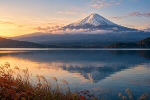 Snow-capped Mount Fuji beyond a calm lake, with autumn reeds and soft dawn light.