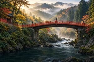 Original editorial illustration of Nikko’s vermilion Shinkyo Bridge over a rocky river with wooded mountains.