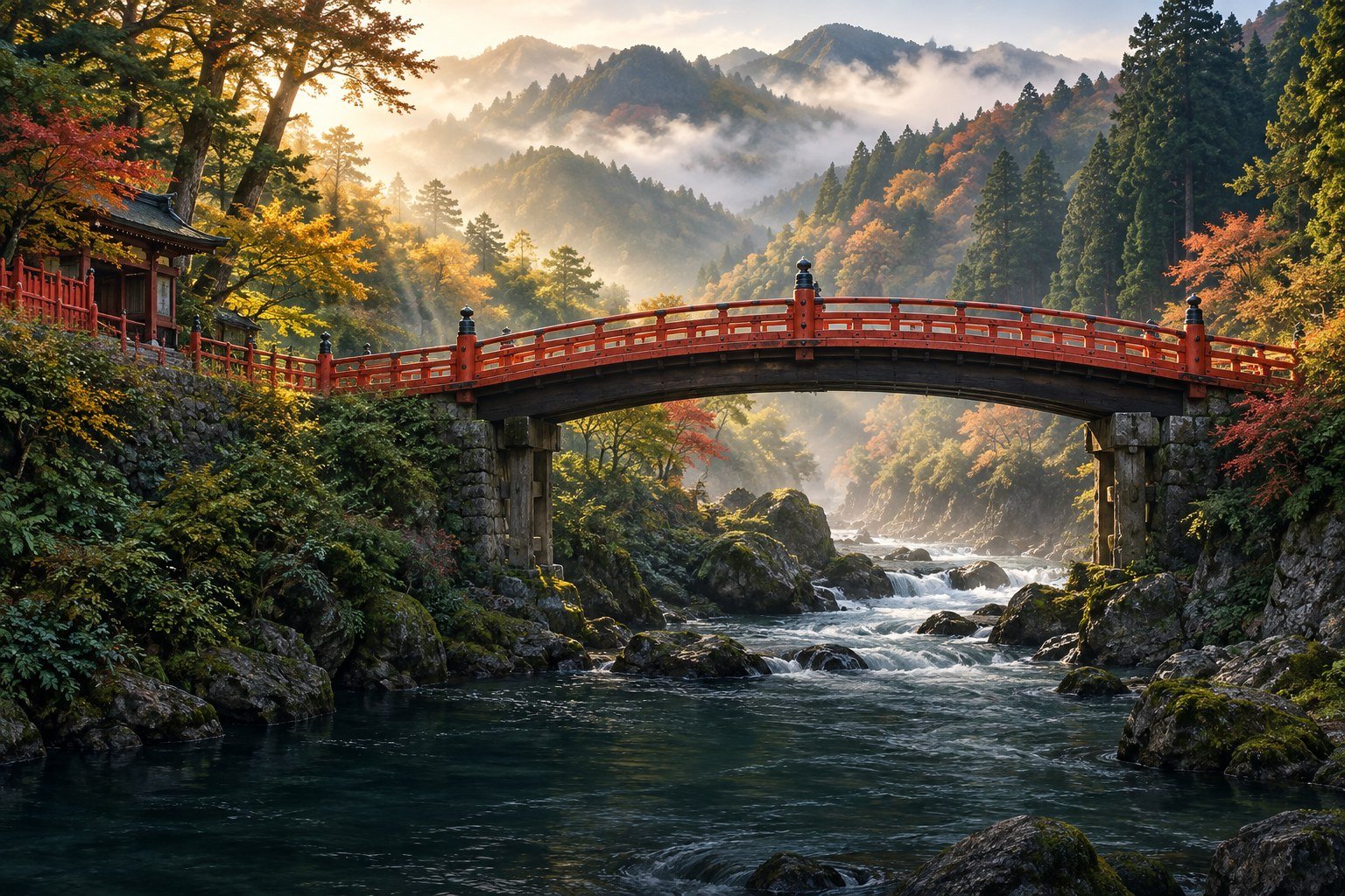 Original editorial illustration of Nikko’s vermilion Shinkyo Bridge over a rocky river with wooded mountains.