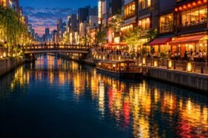 Osaka canal at blue hour, with warm restaurant lights reflected in the water.