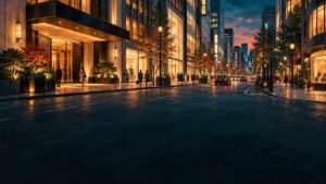 Illustrated evening streetscape in Ginza with elegant shopping façades, warm windows and travellers walking towards a discreet hotel entrance.