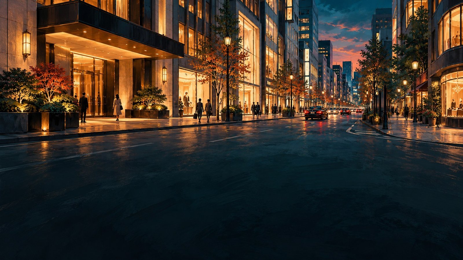 Illustrated evening streetscape in Ginza with elegant shopping façades, warm windows and travellers walking towards a discreet hotel entrance.