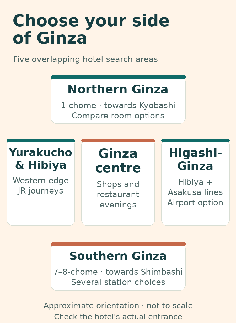 Schematic of five overlapping Ginza hotel search areas: northern Ginza towards Kyobashi above the centre, Yurakucho and Hibiya to the west, Higashi-Ginza to the east, and southern Ginza towards Shimbashi below.