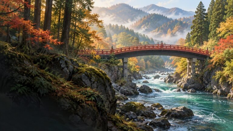 Illustrative view of Nikko's red Shinkyo Bridge over the Daiya River with cedar-covered mountain slopes