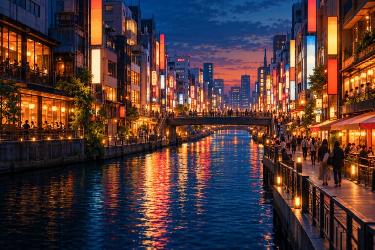 Illustration of an imagined Namba canal at blue hour, with a bridge, pedestrians and warmly lit buildings with abstract signs.