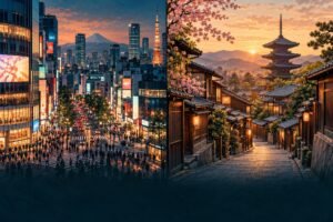 Editorial illustration pairing a Tokyo cityscape with Kyoto historic streets; two separate scenes.