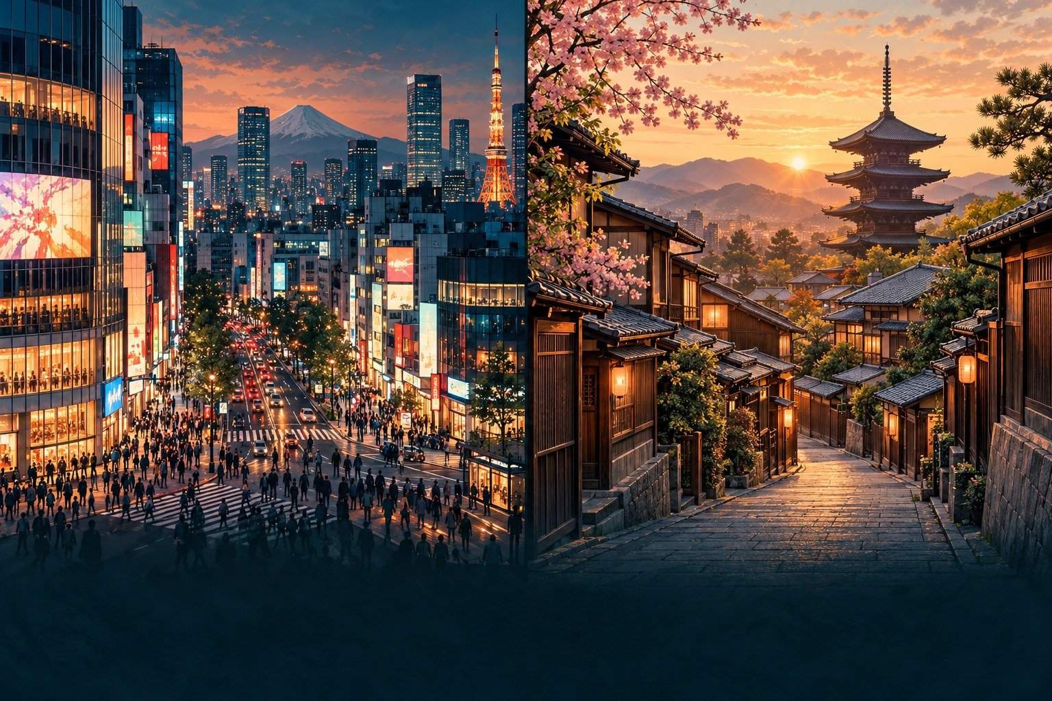 Editorial illustration pairing a Tokyo cityscape with Kyoto historic streets; two separate scenes.