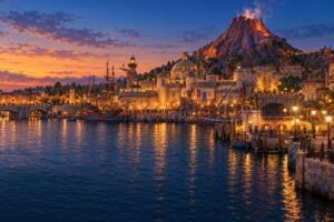 AI-created illustration inspired by Tokyo DisneySea's Mediterranean Harbor, waterfront buildings and Mount Prometheus at dusk.