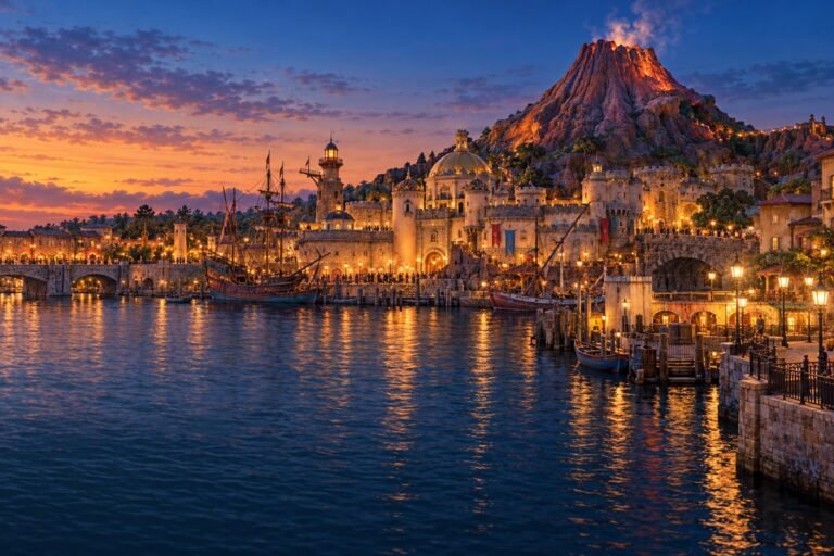 AI-created illustration inspired by Tokyo DisneySea's Mediterranean Harbor, waterfront buildings and Mount Prometheus at dusk.