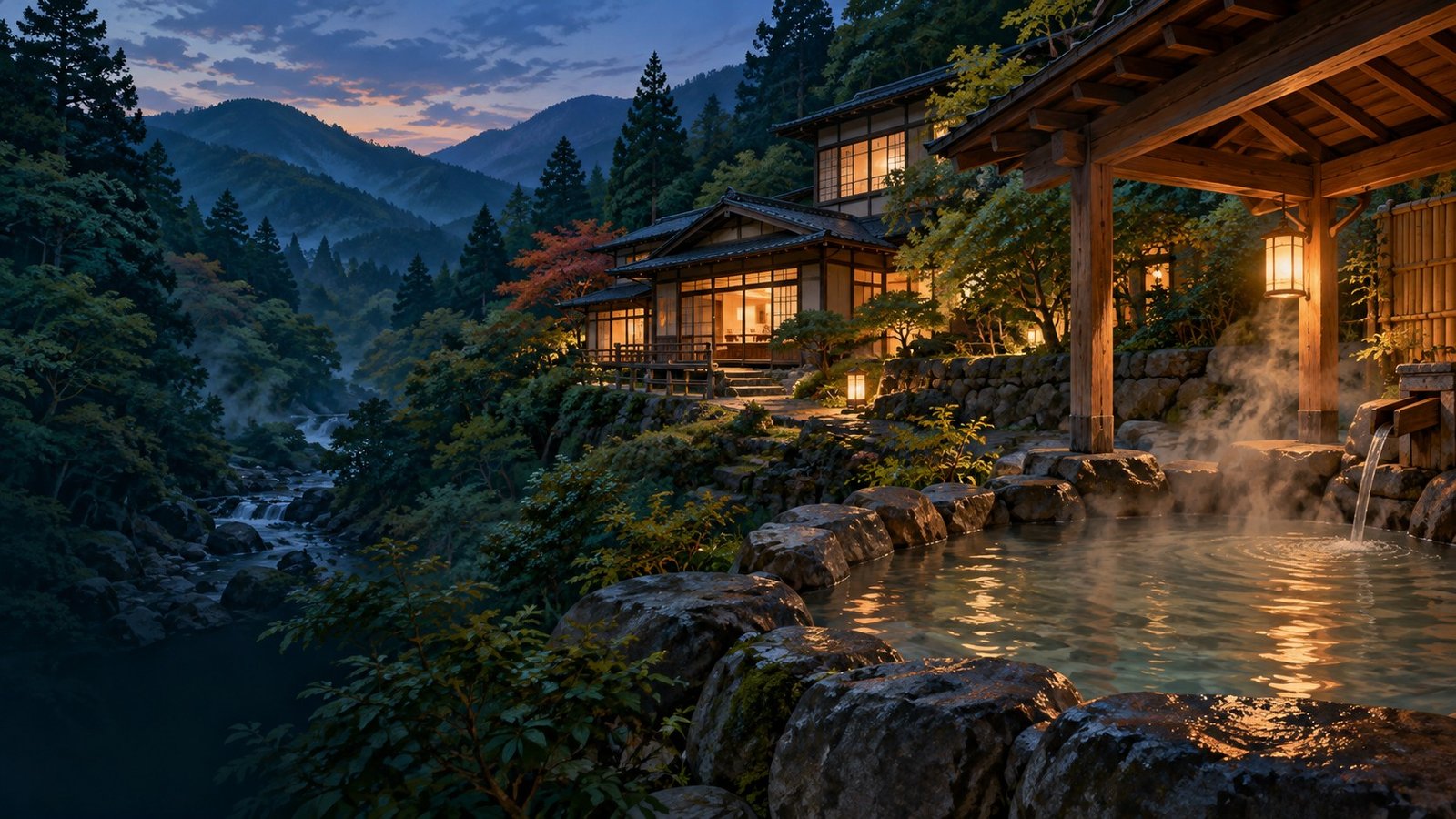 Editorial illustration inspired by a Hakone hot-spring inn among trees and mountain scenery.