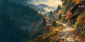 An original painted illustration of an old stone path, timber post-town houses and autumn woodland inspired by the Kiso Valley.