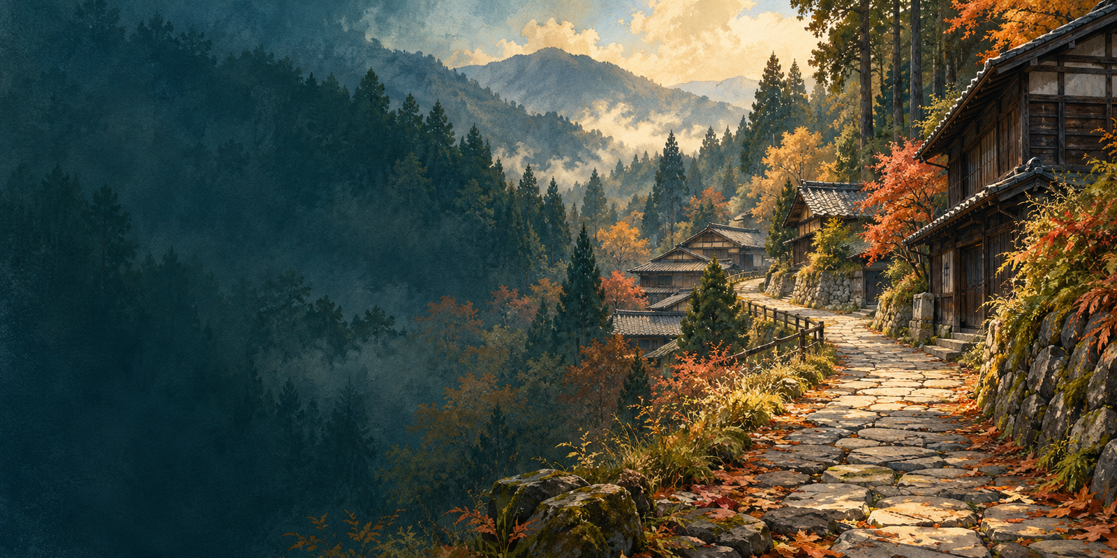 An original painted illustration of an old stone path, timber post-town houses and autumn woodland inspired by the Kiso Valley.