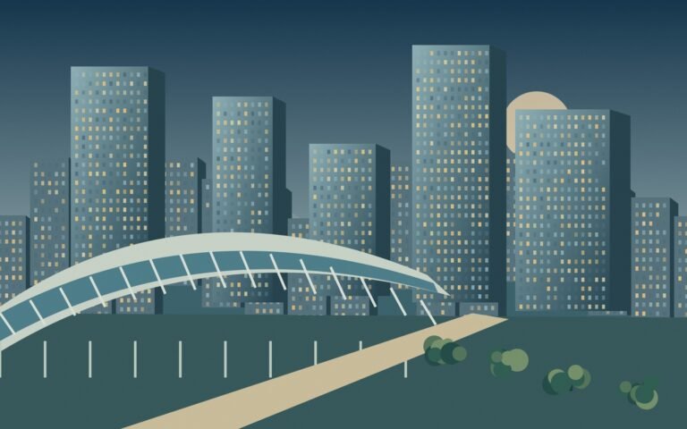 Original evening illustration of a glass station roof and high-rise buildings in Umeda.