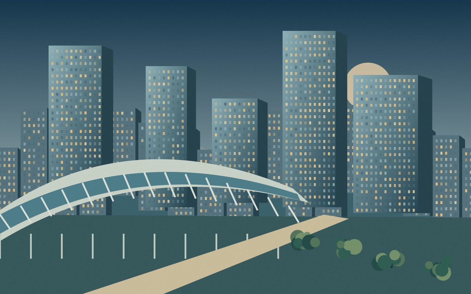 Original evening illustration of a glass station roof and high-rise buildings in Umeda.