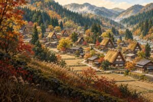 Original editorial illustration inspired by Ogimachi’s steep thatched farmhouses, autumn fields and forested mountain setting.
