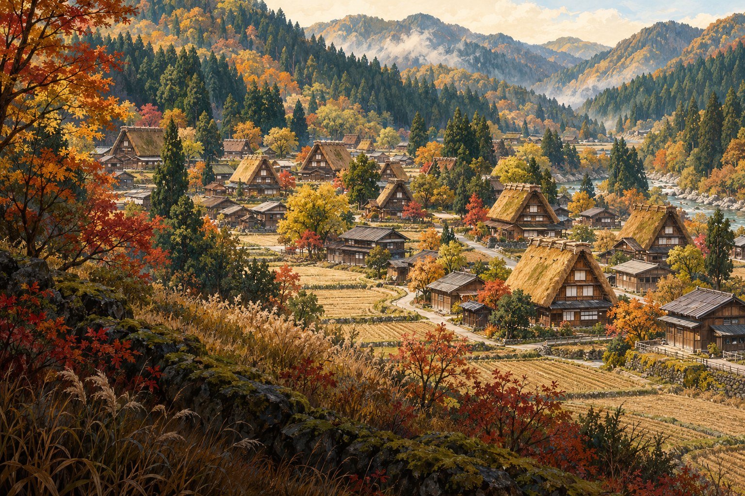 Original editorial illustration inspired by Ogimachi’s steep thatched farmhouses, autumn fields and forested mountain setting.