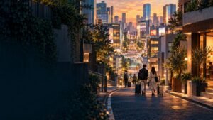 Editorial illustration of Shibuya’s layered streets and illuminated buildings at blue hour, suggesting a choice between busy central blocks and smaller side streets.