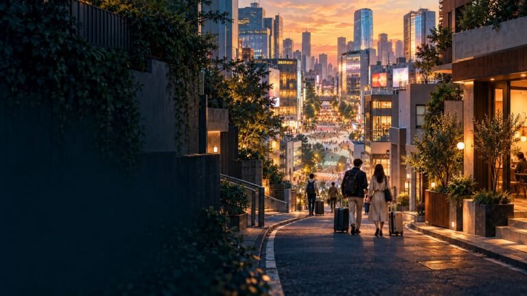 Editorial illustration of Shibuya’s layered streets and illuminated buildings at blue hour, suggesting a choice between busy central blocks and smaller side streets.