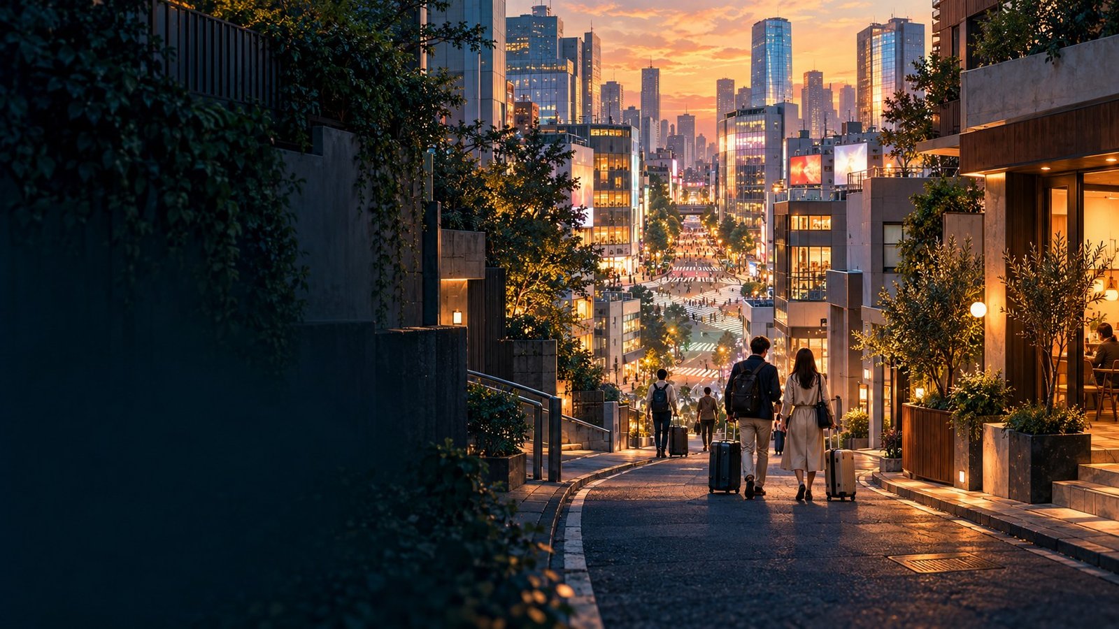 Editorial illustration of Shibuya’s layered streets and illuminated buildings at blue hour, suggesting a choice between busy central blocks and smaller side streets.