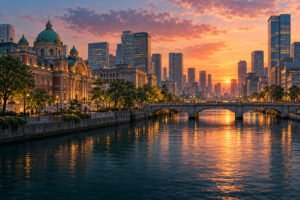 Illustration of an Osaka-inspired river, low bridge, civic buildings and modern towers in golden sunset light.