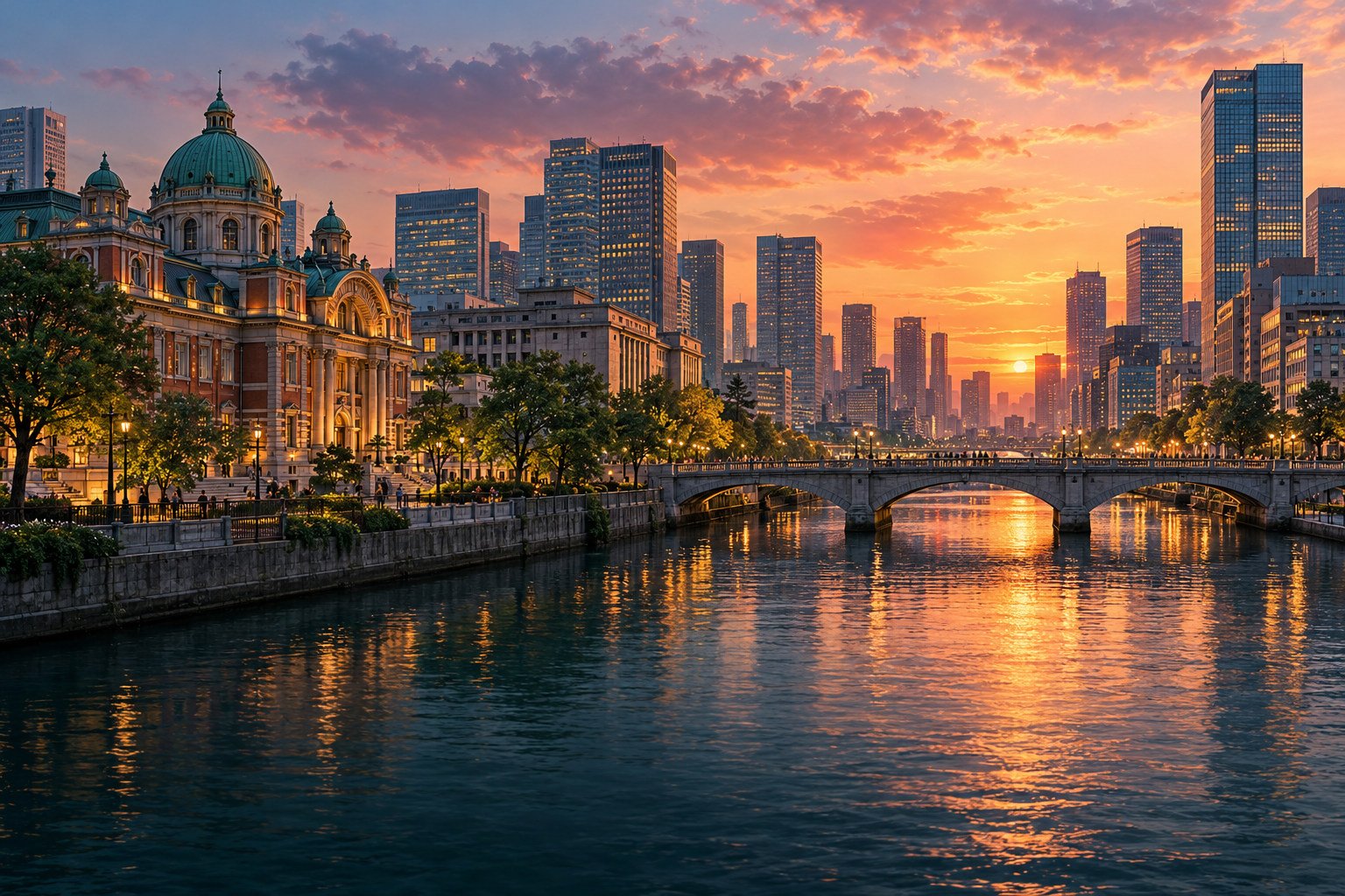 Illustration of an Osaka-inspired river, low bridge, civic buildings and modern towers in golden sunset light.