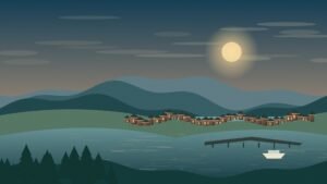 Original vector-style editorial illustration of an imagined Japanese harbour, mountains and a small waterfront town.