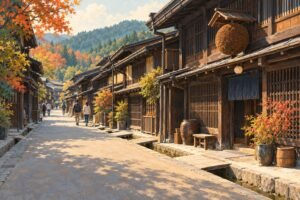 Illustration of Takayama’s wooden merchant houses along a narrow street, with a cedar ball, autumn foliage and wooded hills beyond.