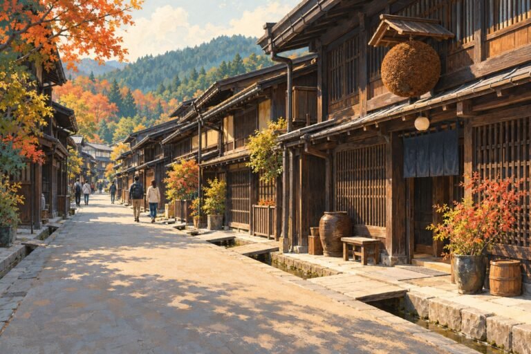 Illustration of Takayama’s wooden merchant houses along a narrow street, with a cedar ball, autumn foliage and wooded hills beyond.